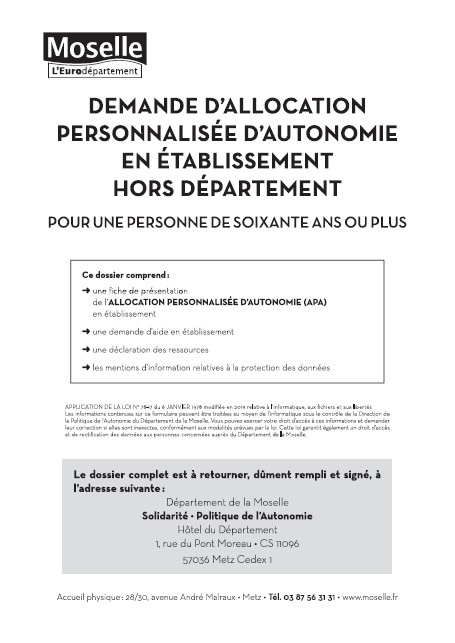 Formulaire de demande d’APA en établissement hors Département de la Moselle